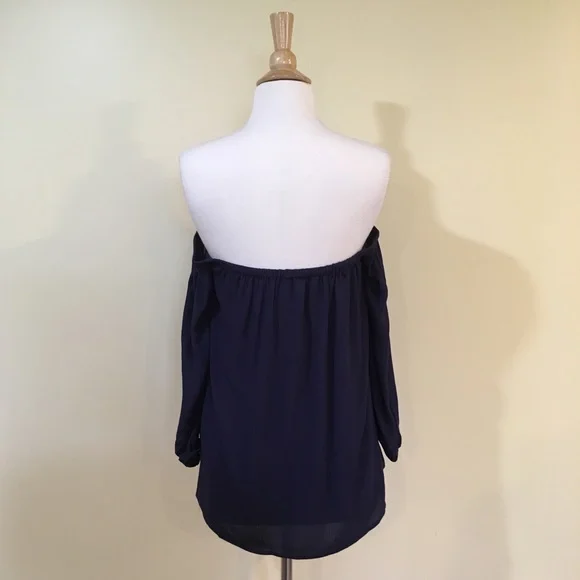 White Floral Embroidered Off Shoulder Navy Blouse - Picture 5 of 7